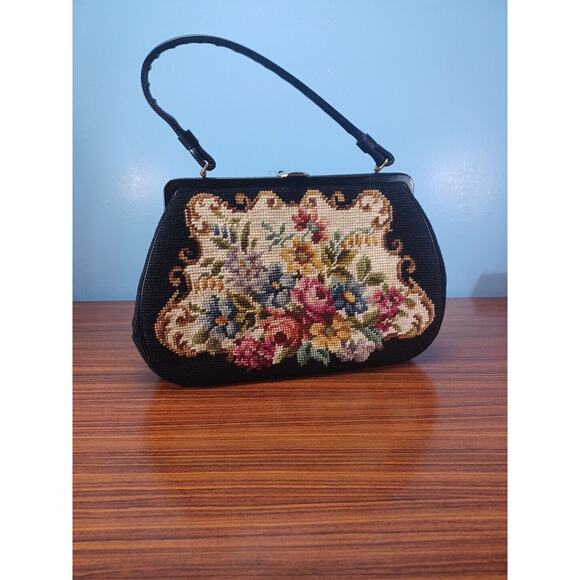 Unknown Handbags - Vintage Needlepoint Embroidery Floral/Flowers Purse Handbag Top Clasp W/Receipt